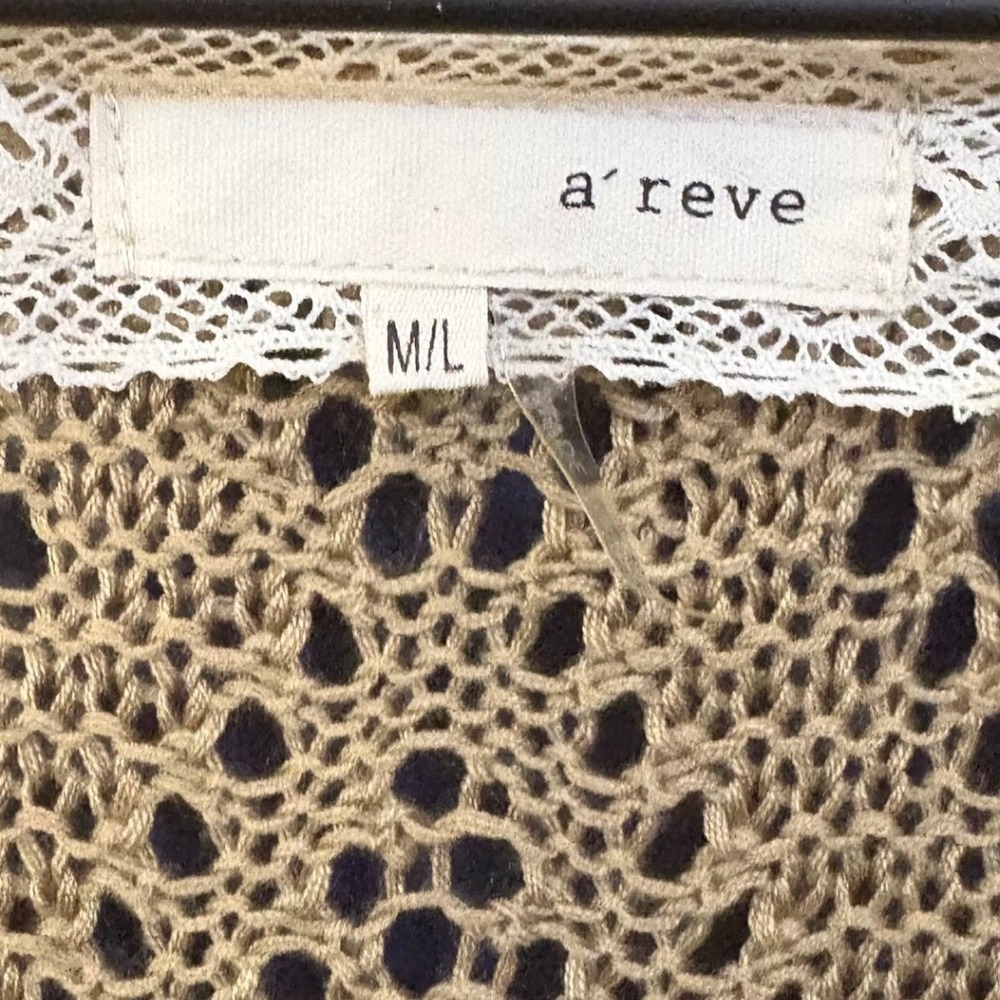 A'reve Tan Crochet Lace Trim Cardigan Sweater Bohemian Pointelle Knit Tan M/L - Picture 5 of 5